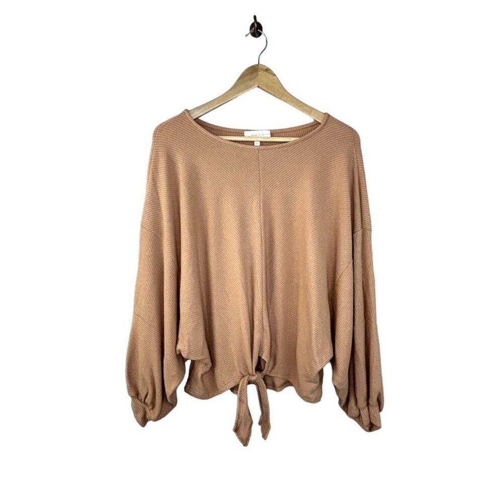 NEW! Tie Front Ribbed Long Sleeved Top Oversized Relaxed Fit Brown Tan SMALL